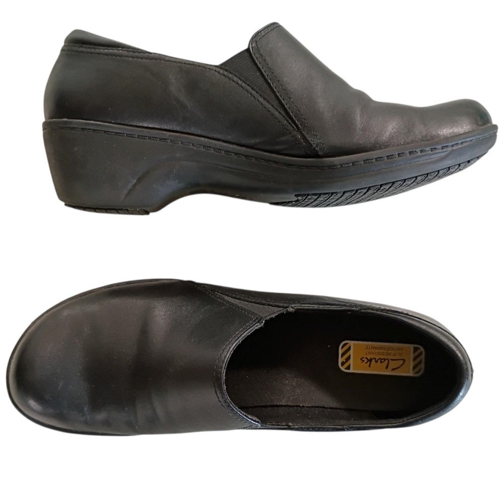 Clarks Women Black Leather Slip Resistant Wedge Loafers Shoes 9.5 26066728